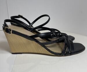Ann Taylor Factory Sandals Black w/ Faux Beige Rattan Wedge Sz 10M
